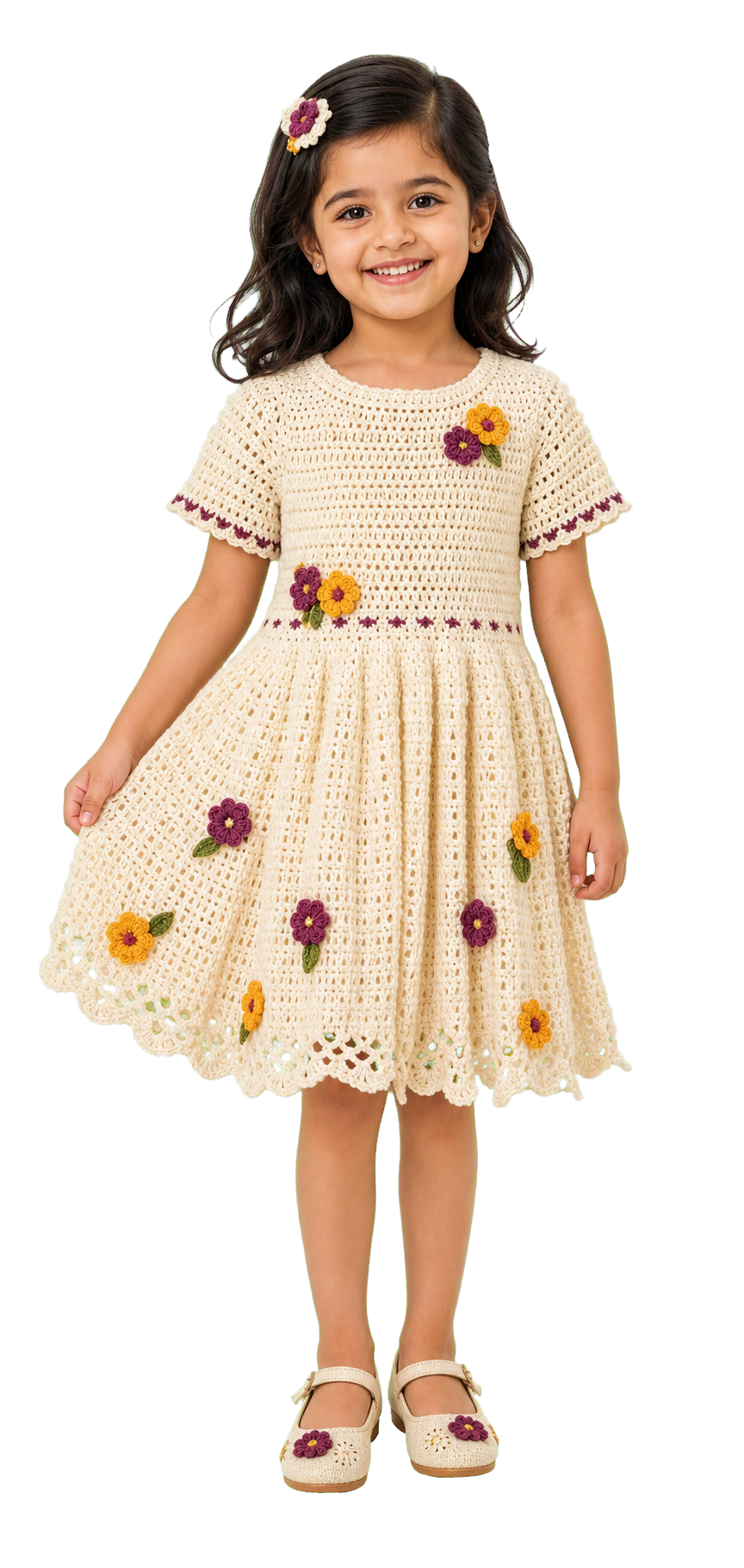 A joyful child wearing an ivory floral crochet frock